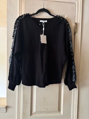 Sioni Black V-Neck Sweatshirt with Studded Ribbon Sleeves